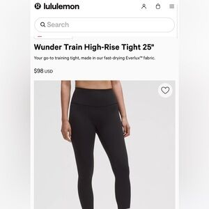 Lululemon Black Wunder Train High-Rise Tight 25"
